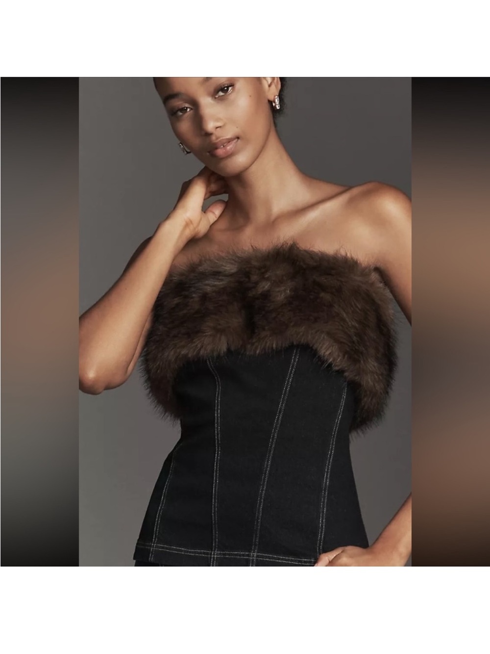 Pilcro Strapless Faux Fur Trim Denim Top